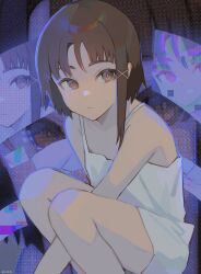 Rule 34 | 1girl, artist name, asymmetrical hair, bare shoulders, between legs, brown eyes, brown hair, expressionless, feet out of frame, from side, glitch, hair ornament, halftone, halftone background, hand between legs, highres, hologram, iwakura lain, knees up, looking at viewer, milka (milk4ppl), parted bangs, serial experiments lain, shirt, short hair, signature, sleeveless, sleeveless shirt, solo, spaghetti strap, squatting, white shirt, x hair ornament, zoom layer