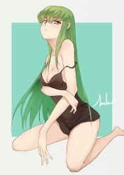 Rule 34 | 1girl, absurdres, bare arms, bare legs, barefoot, black dress, breasts, c.c., cleavage, code geass, collarbone, dress, feet out of frame, floating hair, green hair, hair between eyes, highres, inkqaq, kneeling, long hair, looking at viewer, medium breasts, parted lips, short dress, sleeveless, sleeveless dress, solo, straight hair, very long hair, yellow eyes