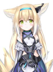 Rule 34 | 1girl, alternate hairstyle, animal ear fluff, animal ears, arknights, bare shoulders, black gloves, blonde hair, blue hairband, blush, breasts, cloak, closed mouth, commentary request, covered collarbone, fox ears, fox girl, fox tail, gloves, green eyes, hair between eyes, hairband, highres, infection monitor (arknights), kitsune, langley1000, long hair, looking at viewer, material growth, oripathy lesion (arknights), purple shirt, purple skirt, revision, shirt, simple background, skirt, sleeveless, sleeveless shirt, small breasts, smile, solo, suzuran (arknights), tail, very long hair, white background, white cloak, white shirt