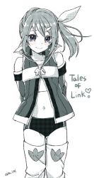 Rule 34 | 1girl, bare shoulders, blush, detached sleeves, hair ornament, jacket, monochrome, navel, sara (tales), short hair, short shorts, shorts, side ponytail, smile, tales of (series), tales of link, thighhighs