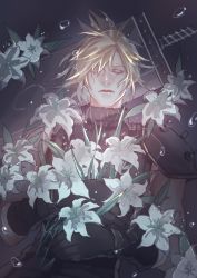Rule 34 | 1boy, armor, blonde hair, bouquet, bubble, buster sword, cloud strife, closed eyes, final fantasy, final fantasy vii, final fantasy vii remake, flower, gloves, hair between eyes, highres, holding, holding bouquet, katagawa mika, leaf, muscular, muscular male, partially submerged, shoulder armor, sleeping, sleeveless, sleeveless turtleneck, slips, solo, spiked hair, square enix, suspenders, turtleneck, upper body, white flower