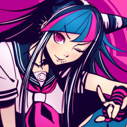 Rule 34 | 1girl, ;d, black hair, blue hair, blue thighhighs, commentary, danganronpa (series), danganronpa 2: goodbye despair, english commentary, fingerless gloves, gloves, hair horns, jewelry, long hair, looking at viewer, mioda ibuki, multicolored hair, nail polish, neckerchief, necklace, one eye closed, open mouth, photoshop (medium), piercing, pink eyes, pink hair, qosic, red eyes, red neckerchief, ring, shirt, short sleeves, smile, solo, striped clothes, striped gloves, thighhighs, torn clothes, torn thighhighs, upper body, white hair, white shirt
