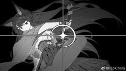 1girl animal_ear_fluff animal_ears artist_name asymmetrical_gloves black_background blunt_bangs chinese_commentary closed_mouth cowboy_shot cyta_celest fingerless_gloves fingernails fox_ears fox_girl gloves greyscale highres holding holding_sword holding_weapon hoshimi_miyabi long_hair looking_at_viewer mismatched_gloves monochrome pantyhose red_eyes serious sidelocks simple_background skirt social_media_composition solo spot_color sword weapon weibo_watermark zenless_zone_zero