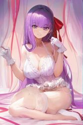 Rule 34 | 1girl, absurdres, bare shoulders, bb (fate), bb (fate/extra), breasts, cleavage, closed mouth, collarbone, fate/extra, fate/extra ccc, fate (series), gloves, hair ribbon, high heels, highres, koko sasuwo, large breasts, long hair, looking at viewer, nightgown, panties, purple eyes, purple hair, red ribbon, revision, ribbon, sitting, smile, solo, thighhighs, underwear, very long hair, wariza, white gloves, white nightgown, white panties, white thighhighs