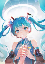 Rule 34 | 1girl, 1other, armpit crease, backlighting, bare shoulders, black sleeves, blue eyes, blue hair, blue nails, blue necktie, blush, breasts, chromatic aberration, collared shirt, commentary, cube, detached sleeves, eyelashes, fingernails, floating hair, grey shirt, hair between eyes, halo, hatsune miku, headset, highres, holding hands, light blush, long hair, looking at viewer, master (vocaloid), medium breasts, necktie, nico eggroll, nose blush, out of frame, pov, pov hands, shirt, sidelocks, sleeveless, sleeveless shirt, smile, teeth, twintails, twitter username, very long hair, vocaloid, wide sleeves
