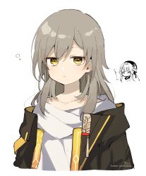 Rule 34 | 1girl, absurdres, black jacket, chibi, chibi inset, closed mouth, collarbone, commentary request, cropped torso, grey hair, hair between eyes, herta (honkai: star rail), highres, honkai: star rail, honkai (series), jacket, jitome, looking at viewer, multiple views, open clothes, open jacket, shirt, signature, simple background, sofra, stelle (honkai: star rail), trailblazer (honkai: star rail), twitter username, upper body, white background, white shirt, yellow eyes
