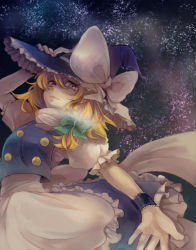 Rule 34 | 1girl, bad id, bad pixiv id, blonde hair, braid, female focus, hat, holding, holding hat, kirisame marisa, light smile, outstretched arm, outstretched hand, short hair, sinzikun mae, sky, solo, star (sky), starry sky, touhou, witch, witch hat, yellow eyes
