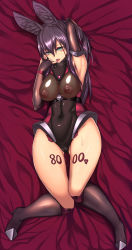 Rule 34 | 10s, 1girl, :o, absurdres, animal ears, arm up, armlet, armor, armpits, bed sheet, black footwear, black gloves, black hair, blue eyes, blush, body writing, bodysuit, boots, breasts, cameltoe, colored eyelashes, covered collarbone, covered erect nipples, covered navel, dakimakura (medium), detached sleeves, elbow gloves, embarrassed, erect clitoris, faulds, finger to mouth, fingerless gloves, fingernails, from above, full body, gloves, green eyes, groin, hair between eyes, half-closed eyes, halterneck, hand in own hair, heart, high heel boots, high heels, highres, hip focus, impossible clothes, impossible leotard, indoors, knee boots, knees together feet apart, large breasts, latex, leotard, lipstick, long fingernails, long hair, lying, makeup, miyashiro nana-san yonban, mole, mole under eye, multicolored eyes, nail polish, nipples, on back, on bed, open mouth, pink nails, pinky out, purple hair, pussy juice, rabbit ears, rabbit silence, raised eyebrows, red lips, see-through, shiny clothes, shiny skin, skin tight, solo, sweat, taut clothes, thigh gap, thighs, turtleneck, very long hair
