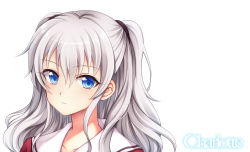 Rule 34 | 10s, 1girl, blue eyes, charlotte (anime), collarbone, commentary request, copyright name, highres, koyoka, long hair, looking at viewer, school uniform, serafuku, silver hair, simple background, solo, tomori nao, two side up, white background