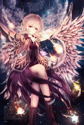 Rule 34 | 1girl, boots, brown footwear, dress, feathered wings, highres, invisible chair, kishin sagume, crossed legs, looking at viewer, outdoors, purple dress, red eyes, short hair, silver hair, sitting, solo, tonan (l0l0l0l0l0l), touhou, white wings, wings