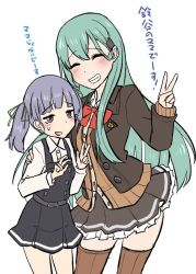 Rule 34 | 2girls, aqua hair, blazer, blue hair, blunt bangs, brown cardigan, brown jacket, brown legwear, brown skirt, cardigan, closed eyes, commentary request, cowboy shot, dress, embarrassed, grey eyes, grin, hair ornament, hairclip, iwana, jacket, kantai collection, long hair, looking at viewer, multiple girls, ooshio (kancolle), open cardigan, open clothes, pinafore dress, pleated skirt, remodel (kantai collection), school uniform, shirt, short twintails, simple background, skirt, sleeveless dress, smile, suzuya (kancolle), thighhighs, translation request, twintails, white background, white shirt