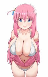 Rule 34 | 1girl, atgsanz (wttoo0000), bikini, blue eyes, bocchi the rock!, breasts, cleavage, collarbone, cowboy shot, cube hair ornament, gotoh hitori, groin, hair between eyes, hair ornament, highres, jacket, large breasts, long hair, looking at viewer, navel, one side up, open mouth, pink hair, pink jacket, simple background, solo, swimsuit, white background, white bikini