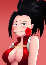 Rule 34 | 10s, 1girl, arms at sides, black hair, blush, boku no hero academia, breasts, center opening, embarrassed, flower, flower in mouth, forehead, from side, halterneck, highres, large breasts, leotard, looking at viewer, pink background, rose, simple background, solo, sweatdrop, the only shoe, yaoyorozu momo