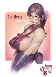 Rule 34 | 1girl, bazinga, black hair, blue eyes, breasts, cattleya (queen&#039;s blade), cattleya (queen's blade), covered erect nipples, detached collar, elbow gloves, gloves, highres, huge breasts, impossible clothes, lips, lipstick, low ponytail, makeup, mature female, ponytail, queen&#039;s blade, sagging breasts, sideboob, solo, strap gap, weapon merchant cattleya