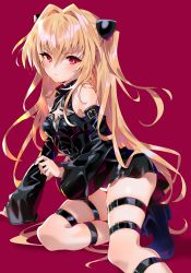 Rule 34 | 1girl, absurdres, arm support, armpit crease, arutera, bare shoulders, belt buckle, black dress, blonde hair, breasts, buckle, cleavage cutout, clothing cutout, detached sleeves, dress, frown, hair between eyes, hair intakes, hair ornament, highres, konjiki no yami, leg belt, long hair, long sleeves, looking at viewer, red background, red eyes, simple background, skindentation, small breasts, solo, thighs, to love-ru, to love-ru darkness, two side up, v-shaped eyebrows, very long hair