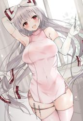 Rule 34 | 1girl, absurdres, alternate costume, arm behind head, armpits, bare shoulders, blush, bow, breasts, bridal garter, commentary, covered navel, elbow gloves, fujiwara no mokou, gloves, hair bow, highres, hiiro60, holding, holding syringe, indoors, large breasts, long hair, looking at viewer, nurse, open mouth, pink thighhighs, red eyes, sidelocks, silver hair, skindentation, smile, solo, standing, syringe, thigh gap, thighhighs, thighs, touhou, very long hair, white bow, white gloves, window, wristband