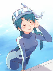 Rule 34 | 1girl, ^ ^, blue hair, blush, bodysuit, braid, closed eyes, diving mask, diving mask on head, diving suit, go! princess precure, goggles, goggles on head, kaidou minami, long hair, partially submerged, pool, poolside, precure, single braid, smile, snorkel, solo, swimsuit, ter (otokoter), wading, wetsuit