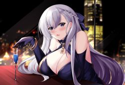Rule 34 | 1girl, alcohol, azur lane, bare shoulders, belfast (azur lane), belfast (the noble attendant) (azur lane), braid, breast rest, breasts, champagne, champagne flute, cityscape, cleavage, criss-cross halter, cup, dress, drinking glass, elbow gloves, french braid, gloves, hair ribbon, halter dress, halterneck, highres, indoors, large breasts, light purple hair, long hair, looking at viewer, night, official alternate costume, purple gloves, purple ribbon, ribbon, sleeveless, sleeveless dress, solo, yan lie