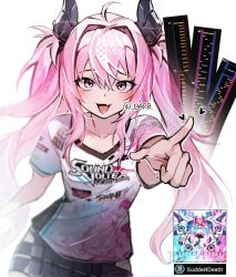 Rule 34 | 1girl, ahoge, artist name, b4r0, belt, blush, fang, gameplay mechanics, grace (sound voltex), hair ornament, heart, highres, hip vent, horns, long hair, looking at viewer, pink eyes, pink hair, pointing, pointing at viewer, print shirt, shirt, short sleeves, solo, sound voltex, t-shirt, twintails, white background