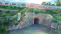 Rule 34 | absurdres, day, fence, flower, grass, highres, lamppost, no humans, original, outdoors, scenery, sunlight, toufu (inu no mayuge), train, tunnel
