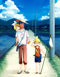 Rule 34 | 1girl, 2boys, bag, banana, bandaid, bandaid on face, blonde hair, blue eyes, blue hair, blue sky, cloud, day, eyebrows, closed eyes, food, fruit, grass, hair ornament, hairclip, hat, kagamine len, kagamine rin, kaito (vocaloid), looking at viewer, multiple boys, net, nokuhashi, open mouth, outdoors, piggyback, rice paddy, salute, sandals, shadow, shirt, short hair, shorts, shoulder bag, sky, smile, sun hat, tree, vocaloid, water, wire