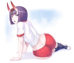 Rule 34 | 1girl, alternate breast size, ass, bare arms, blush, bob cut, breasts, buruma, butt crack, curvy, fangs, fate/grand order, fate (series), from behind, gym shirt, gym uniform, highres, hip focus, horns, huge ass, large breasts, legs, looking at viewer, looking back, mogudan, oni, open mouth, purple eyes, purple hair, red buruma, shiny skin, shirt, shoes, short hair, shuten douji (fate), simple background, sitting, skin-covered horns, solo, uwabaki, white background, wide hips