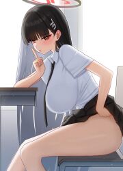 Rule 34 | 1girl, absurdres, bare legs, black hair, black necktie, blue archive, blush, breasts, chair, classroom, clothes lift, desk, embarrassed, feet out of frame, finger to mouth, from side, hair ornament, highres, indoors, large breasts, long hair, looking at viewer, mijikayo, necktie, no panties, pleated skirt, red eyes, rio (blue archive), school chair, school desk, school uniform, shirt, short sleeves, shushing, sitting, skirt, skirt lift, solo, straight hair, thighs, very long hair, white shirt