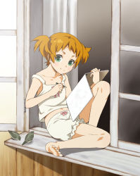 Rule 34 | 1girl, barefoot, bird, bloomers, drawing, feet, female focus, flat chest, full body, green eyes, indoors, mattaku mousuke, midriff, navel, orange hair, original, outdoors, short hair, short twintails, sitting, smile, soles, solo, toes, twintails, underwear, window