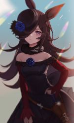 Rule 34 | 1girl, animal ears, bare shoulders, black dress, blurry, brown hair, commentary request, dagger, dress, hair over one eye, hand on own hip, hat, highres, horse ears, horse girl, horse tail, knife, long hair, moth1, purple eyes, purple hat, rice shower (umamusume), solo, tail, umamusume, weapon