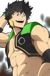 Rule 34 | 10s, 1boy, bad id, bad twitter id, biceps, black hair, blurry, boku no hero academia, cropped vest, depth of field, highres, kuroshinki, looking to the side, male focus, muscular, muscular male, navel, shindou you, simple background, smile, solo, veins, vest