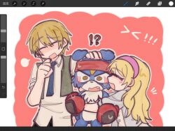 Rule 34 | blonde hair, boxing gloves, brother and sister, digimon, digimon (creature), fang, gaomon, highres, long hair, necktie, open mouth, relena norstein, short hair, siblings, thoma h. norstein