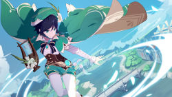 Rule 34 | 1boy, absurdres, aqua hair, bad id, bad pixiv id, black hair, braid, cape, closed mouth, day, feathers, flower, genshin impact, green cape, green eyes, green hat, hat, hat flower, highres, holding, holding instrument, instrument, long sleeves, lyre, male focus, mountain, outdoors, shorts, side braids, sky, solo, tree, venti (genshin impact), vision (genshin impact), water, wawako mama, white flower, windmill