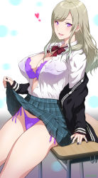 Rule 34 | 1girl, bow, bowtie, bra, breasts, clothes lift, commentary request, ear piercing, green skirt, gyaru, heart, highres, joy ride, kogal, large breasts, lifted by self, long hair, looking at viewer, multicolored nails, nail polish, original, panties, parted lips, piercing, plaid, plaid skirt, purple bra, purple panties, red bow, red bowtie, school uniform, shirt, side-tie panties, sitting, skirt, skirt lift, solo, thighs, underwear, white shirt