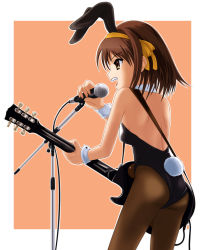 Rule 34 | 00s, 1girl, animal ears, backless outfit, brown hair, detached collar, fake animal ears, from side, god knows, guitar, instrument, leotard, music, outline, outside border, pantyhose, playboy bunny, rabbit ears, rabbit tail, short hair, singing, solo, suzumiya haruhi, suzumiya haruhi no yuuutsu, tail, white outline