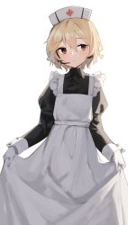 Rule 34 | 1girl, absurdres, alternate costume, apron, black dress, blonde hair, braid, brown eyes, closed mouth, commentary request, dress, enmaided, expressionless, feet out of frame, gloves, hat, headset, highres, juliet sleeves, light blush, long dress, long sleeves, looking to the side, maid, maid apron, nurse cap, nurse robot type t, penguin (dx19291005), puffy sleeves, short hair, side braids, sidelighting, simple background, skirt hold, sleeve cuffs, solo, standing, utau, white apron, white background, white gloves