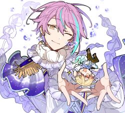 Rule 34 | 2boys, absurdres, blue hair, closed mouth, earrings, highres, hoshi-toge, jellyfish, jewelry, kamishiro rui, long sleeves, looking at viewer, male focus, mermaid ni akogarete (project sekai), mini person, miniboy, multicolored hair, multiple boys, one eye closed, project sekai, purple hair, shirt, simple background, smile, speech bubble, streaked hair, tenma tsukasa, upper body, water, white background, white shirt, yellow eyes