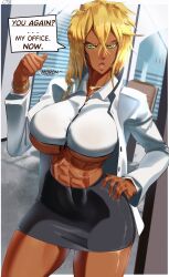 Rule 34 | 1girl, 2023, abs, black skirt, bleach, blonde hair, border, breast tattoo, breasts, castell, collared shirt, colored eyelashes, contrapposto, cropped shirt, dark-skinned female, dark skin, english text, facial mark, female focus, fingernails, green eyes, hair between eyes, hand on own hip, hand up, highres, jacket, jewelry, large breasts, long hair, looking at viewer, miniskirt, navel, necklace, number tattoo, office lady, open mouth, pencil skirt, shirt, signature, skirt, solo, speech bubble, tattoo, thick thighs, thighs, tier harribel, toned, underboob, watch, white border, white jacket, white shirt, wristwatch