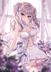 Rule 34 | 1girl, :o, backlighting, bare shoulders, blurry, blurry foreground, bow, breasts, brown hair, cleavage, commentary request, curtains, depth of field, dress, flower, grey bow, hair between eyes, hair bow, hair flower, hair ornament, hand up, highres, idolmaster, idolmaster cinderella girls, idolmaster cinderella girls starlight stage, kanzaki ranko, long hair, looking at viewer, medium breasts, multicolored hair, navel, parted lips, pink flower, pink hair, pink rose, red eyes, rose, see-through, solo, sutoroa, thighhighs, twintails, two-tone hair, white dress, white thighhighs, window, wrist cuffs