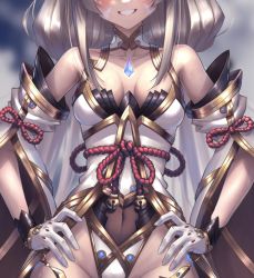 Rule 34 | 1girl, animal ears, blunt bangs, breasts, chest jewel, cleavage, covered navel, detached sleeves, facial mark, hakusai (hksicabb), hands on own hips, highleg, highleg leotard, highres, leotard, long hair, low twintails, nia (blade) (xenoblade), nia (xenoblade), silver hair, small breasts, smile, solo, spoilers, thighhighs, twintails, very long hair, xenoblade chronicles (series), xenoblade chronicles 2