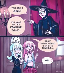 Rule 34 | 3girls, blue hair, candle, candlelight, candlestand, crop top, earrings, english text, hat, highres, jacket, jewelry, long hair, mother and daughter, multiple girls, necklace, open clothes, open jacket, original, pink hair, pleated skirt, pointing, punk, skirt, speech bubble, vewuinsky, witch, witch hat, yuri