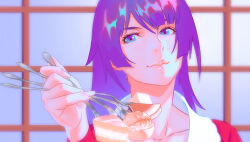 Rule 34 | 1girl, blue eyes, cake, closed mouth, collarbone, collared shirt, commentary request, eyelashes, food, fork, gradient hair, hand up, highres, holding, indoors, long hair, looking at viewer, monogatari (series), multicolored hair, parted bangs, pastry, portrait, purple hair, rapa rachi, red shirt, senjougahara hitagi, shadow, shirt, sidelocks, solo