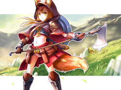 Rule 34 | 1girl, animal ears, animal hood, armor, axe, bad id, bad pixiv id, battle axe, blonde hair, boots, capelet, character request, field, gloves, grass, hood, knee boots, kneehighs, letterboxed, long hair, looking at viewer, midriff, navel, outdoors, panties, pantyshot, pixiv fantasia, pixiv fantasia new world, shoulder pads, smile, socks, solo, standing, tacta, tail, twintails, underwear, weapon, white panties, xietong win, yellow eyes