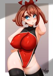 Rule 34 | 1girl, bikini, bow, breasts, brown hair, cameltoe, cleavage, cleft of venus, creatures (company), game freak, hair ribbon, highres, large breasts, may (pokemon), may (pokemon oras), nintendo, open mouth, pokemon, pokemon oras, print bikini, red bikini, ribbon, solo, swimsuit, thighhighs, tiger1001