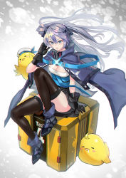 Rule 34 | &gt; &lt;, 1girl, = =, afterimage, ahoge, arm support, artist name, azur lane, beret, bird, black dress, black gloves, black thighhighs, blue cloak, blue eyes, boots, breasts, chick, cleavage, cloak, commentary request, dress, drooling, flapping, floating hair, full body, gloves, glowing, grey hair, hair between eyes, hair ornament, hand up, hat, highres, intrepid (azur lane), knee up, large breasts, long hair, looking at viewer, manjuu (azur lane), mole, mole on breast, neko61, parted lips, rudder footwear, sidelocks, sitting, solo focus, strap, tech box (azur lane), thighhighs, twintails, underbust, very long hair, white background, white headwear, zettai ryouiki