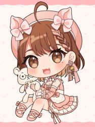 Rule 34 | 1girl, :d, ahoge, animal ears, animal hat, bare shoulders, beret, blush stickers, bow, braid, breasts, brown eyes, brown hair, chibi, cleavage, commentary request, copyright request, detached sleeves, dress, ear bow, eyebrows hidden by hair, fake animal ears, fang, full body, hat, highres, holding, holding stuffed toy, knees up, kurono kito, long sleeves, medium breasts, mole, mole under eye, multicolored hair, open mouth, pink bow, pink dress, pink footwear, pink hair, pink hat, pink sleeves, shoes, sitting, sleeveless, sleeveless dress, smile, solo, stuffed animal, stuffed toy, teddy bear, two-tone hair, virtual youtuber, wide sleeves