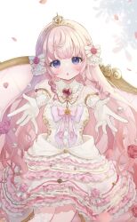 Rule 34 | 1girl, absurdres, blue eyes, blush, bow, brooch, commentary, commission, dress, drill hair, elbow gloves, flower, gloves, gomamiso (gomagoma bba), heart, heart brooch, highres, himeno aimu, indie virtual youtuber, jewelry, long hair, looking at viewer, open mouth, petals, pink bow, pink flower, pink hair, pink rose, princess, rose, side drill, skeb commission, solo, tiara, very long hair, virtual youtuber, white dress, white gloves