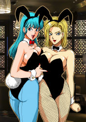 Rule 34 | 2girls, android 18, animal ears, aqua hair, arm at side, armpits, ass, bare arms, bare shoulders, black bow, black bowtie, black leotard, blonde hair, blue eyes, blue legwear, bob cut, bow, bowtie, breast press, breasts, bulma, cleavage, clenched hand, collarbone, cowboy shot, detached collar, dragon ball, dragon ball (classic), dragonball z, earrings, fake animal ears, fake tail, female focus, fishnet pantyhose, fishnets, groin, hand up, highres, hoop earrings, index finger raised, indoors, jewelry, kugayama hodai, large breasts, legs, leotard, long hair, looking at viewer, looking back, multiple girls, nail polish, naughty face, neck, open mouth, pantyhose, playboy bunny, pointing, rabbit ears, rabbit tail, red bow, red bowtie, red nails, round teeth, shiny skin, short hair, smile, standing, strapless, strapless leotard, tail, teeth, thighs, upper teeth only, wrist cuffs