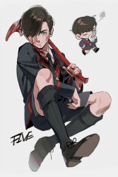 Rule 34 | 2boys, animification, aqua eyes, axe, black footwear, black necktie, black shorts, black socks, blazer, blood, blood on clothes, blood on face, character name, chibi, closed mouth, collared shirt, cup, english text, hair over one eye, highres, holding, holding axe, holding cup, jacket, long sleeves, looking at viewer, multiple boys, multiple persona, necktie, number five (the umbrella academy), one eye closed, open clothes, open jacket, qin (7833198), school uniform, shirt, shoes, short hair, shorts, smile, socks, sweater, the umbrella academy, white shirt