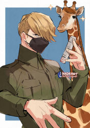 Rule 34 | 1boy, best jeanist, black mask, blonde hair, blue background, boku no hero academia, border, breast pocket, buttons, comb, covered mouth, giraffe, hair over one eye, hand up, high collar, holding, holding comb, kadeart, long bangs, long sleeves, looking at viewer, male focus, mask, mouth mask, narrowed eyes, outside border, pocket, short hair, solo, sparkle, swept bangs, twitter username, two-tone background, upper body, white border