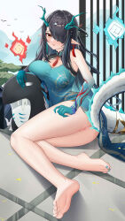 Rule 34 | absurdres, anus, arknights, bare legs, bare shoulders, barefoot, bead bracelet, beads, bitey (arknights), blue dress, blue nails, blue skin, bracelet, breasts, censored, china dress, chinese clothes, cleavage, cleavage cutout, clothes lift, clothing cutout, colored skin, covered navel, creature, dragon girl, dragon horns, dragon tail, dress, dress lift, dusk (arknights), dusk (everything is a miracle) (arknights), earrings, feet, gradient skin, hair over one eye, hair rings, highres, horns, jewelry, jndfh, large breasts, legs, lifting own clothes, looking at viewer, mosaic censoring, nail polish, no panties, official alternate costume, open mouth, pointy ears, pussy, red eyes, sleeveless, sleeveless dress, smarty (arknights), tail, tail ornament, tail ring, tassel, tassel earrings, toenail polish, toenails, toes, unaligned breasts